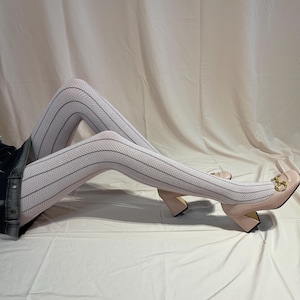 Thick Cream and Light Pink Tights with Thin Black Lines- Stretchy and Soft- Kawaii style Tights-Y2K outfit- Kuji Studio