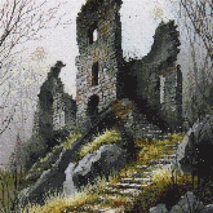Kasteelruïnes kruissteekpatroon PDF | Middeleeuws fort borduurontwerp | Fantasielandschap handwerk | Digitale download