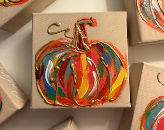 Colorful Pumpkin Canvas 4x4 Acrylic Painting with Gold Accent