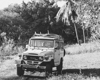 Scenic Route - Black & White Vintage Surf Car Poster, Classic Land Cruiser, Toyota FJ40, Tropical Surfboard Print, Retro Surf Art Hawaii