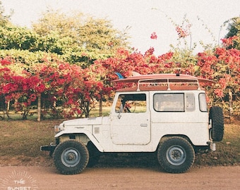 Blooming and Cruising - Costa Rica surf art, Vintage car surfboards print, Toyota FJ40, Vintage surf photography, Surf shack, Land Cruiser