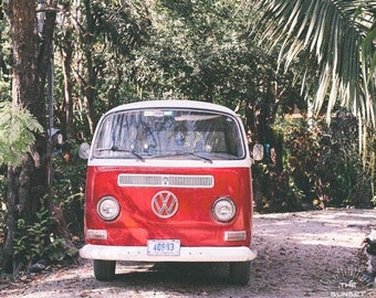 Jingle Bus - Red VW Bus print, Costa Rica print, Costa Rica photography, vintage car print, Nosara, boho beach wall art, tropical wall art