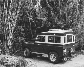 Cloud Forest Rover - Vintage Land Rover Defender photo, Defender Print Black & White, Black White Photography Prints, Tropical vintage art
