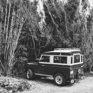 Cloud Forest Rover - Vintage Land Rover Defender photo, Defender Print Black & White, Black White Photography Prints, Tropical vintage art