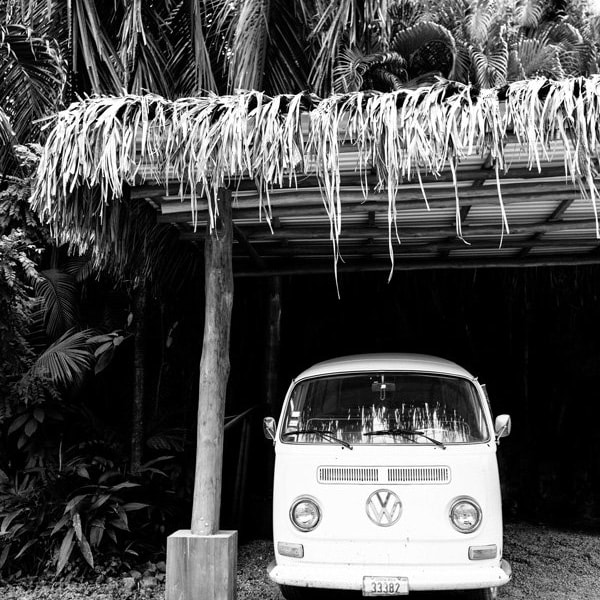 Pura Vida Bus Black & White - VW Bus photo, bohemian coastal wall prints, black white vintage Costa Rica, boho surf shack, Costa Rican art