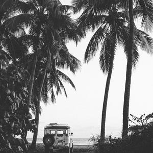 Secret Spot - Black & White beach auto art, tropical photography car, cars and palm tree print, Vintage Land Cruiser, Toyota FJ40, surf art
