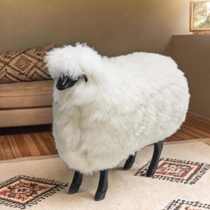 Wooden Sheep with Genuine Lambskin, Lalanne lamb, Statement Piece, Sheep Home Decor for Modern Interiors, Home Finds, Sheep stool, Gift Idea