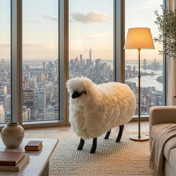 Snow White Wooden Sheep Statement Piece, Lalanne Sheep, Genuine Lambskin Chair, Home Decor, Gift