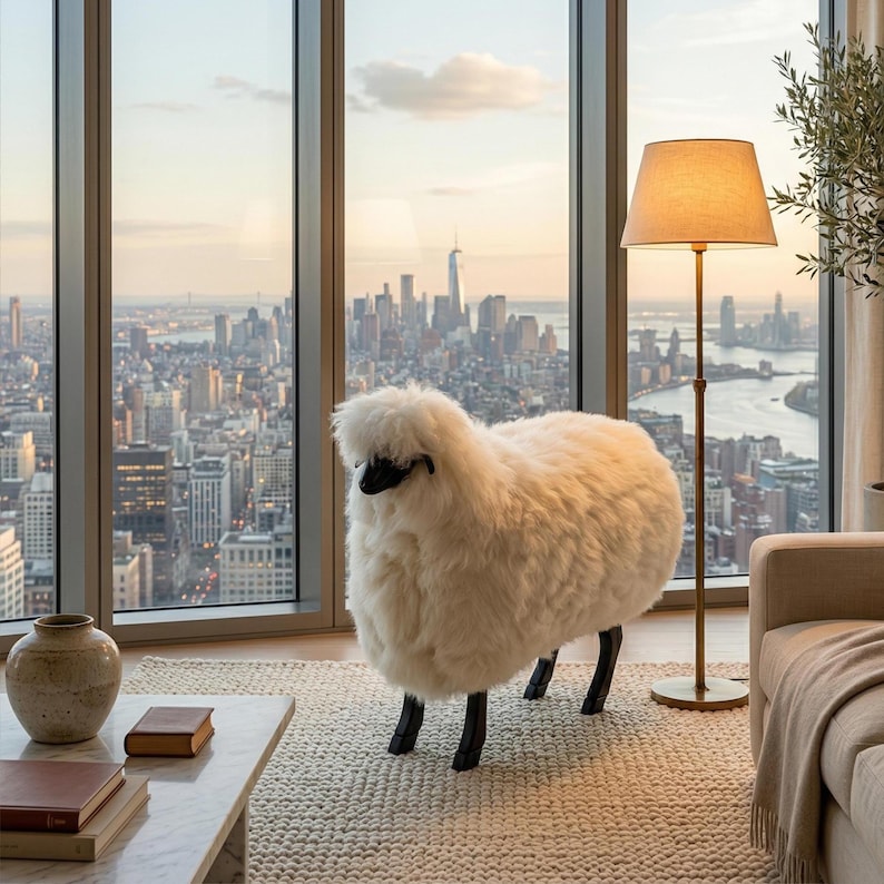 May include: A whimsical sheep-shaped ottoman with a fluffy, cream-colored body and black legs. The ottoman is placed on a textured rug in front of a large window overlooking a cityscape. A floor lamp with a beige shade stands nearby.