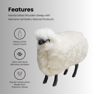 May include: A handcrafted wooden sheep with genuine lambskin. The sheep has a white, fluffy body, black legs, and a black face. The image includes the text "Features" and "Handcrafted Wooden sheep with Genuine Lambskin, Natural Products."