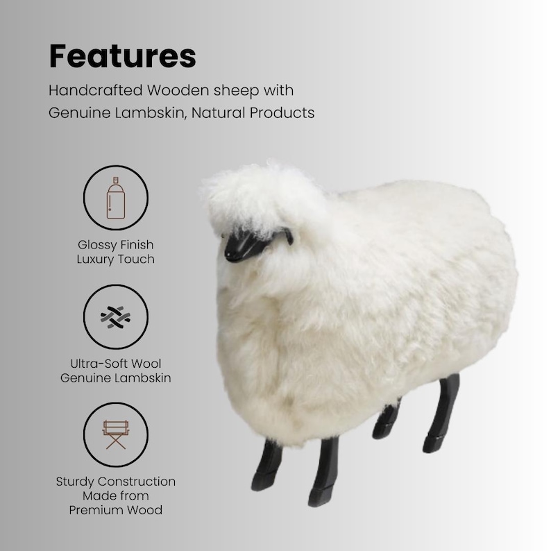 May include: A handcrafted wooden sheep with genuine lambskin. The sheep has a white, fluffy body, black legs, and a black face. The image includes the text "Features" and "Handcrafted Wooden sheep with Genuine Lambskin, Natural Products."