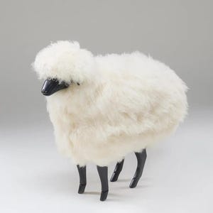 Wooden Sheep Shorty, handcrafted Art Piece with Genuine Lambskin, Gift ideas, statement piece, Luxury home decor, Living Room, Lalanne Sheep
