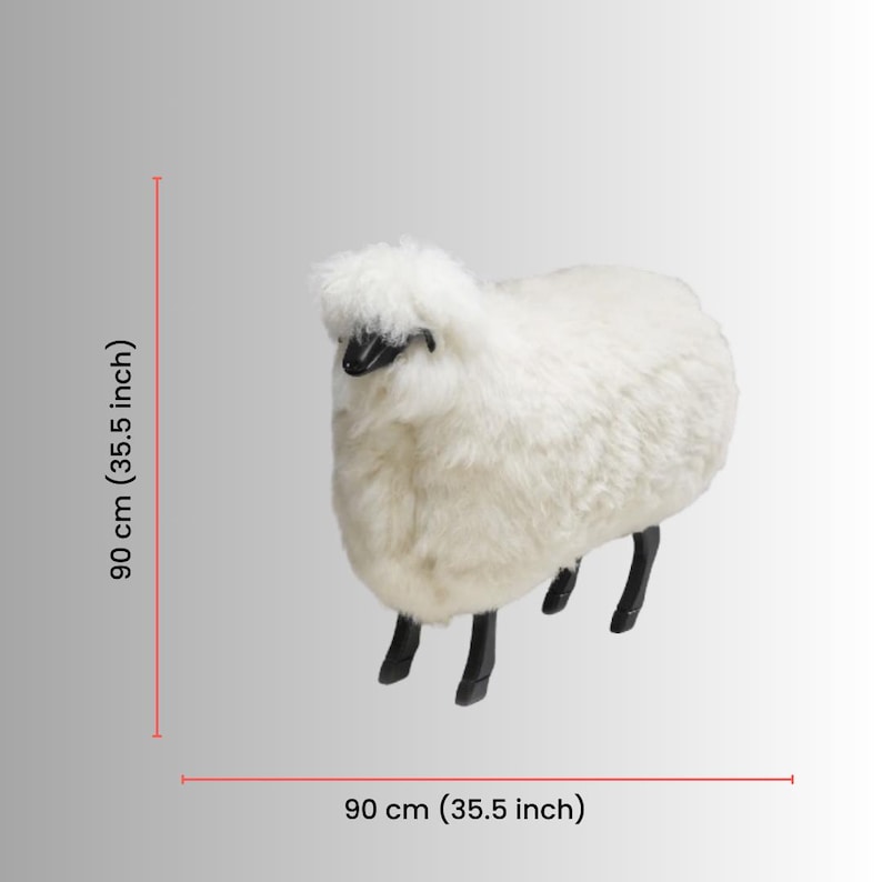 May include: A white sheep-shaped ottoman with black legs and a black face. The ottoman is 35.5 inches long and 35.5 inches wide, and 35.5 inches tall. The sheep has a fluffy, textured appearance.