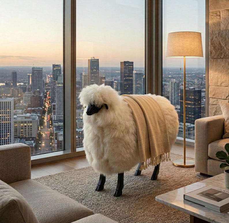 May include: A fluffy, white sheep-shaped ottoman with black legs and a tan blanket draped over its back. The ottoman is in a room with a city skyline view, a floor lamp, and a neutral-toned rug.
