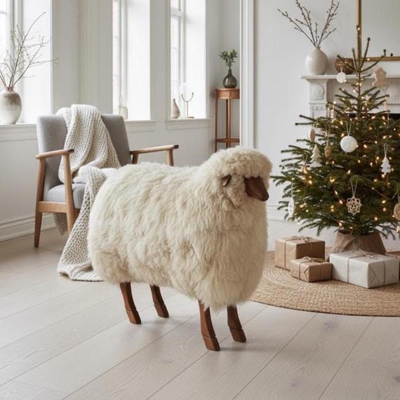 Choco Wooden Sheep, Statement Piece, Genuine Lambskin, Luxury Home