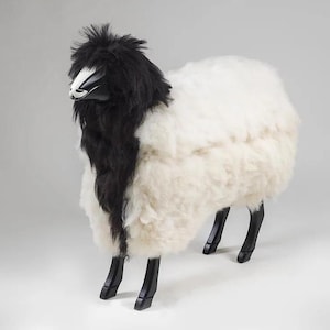 Wooden Sheep Mustachio, Genuine Lambskin, Handcrafted Luxury Decor, Wooden Figurine, Rustic Farmhouse Animal Art, Unique Gift, Sheep stool