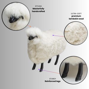 May include: A white lambskin wool sheep-shaped stool with black legs. The stool is stylish and masterfully handcrafted. The legs are sturdy and reinforced. The wool is ultra-soft and premium lambskin.