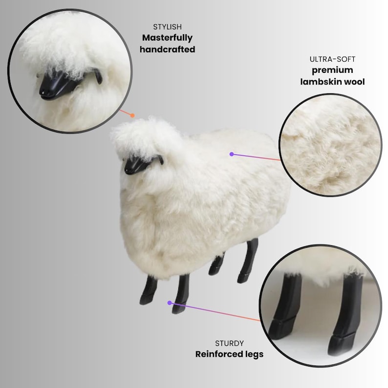 May include: A white lambskin wool sheep-shaped stool with black legs. The stool is stylish and masterfully handcrafted. The legs are sturdy and reinforced. The wool is ultra-soft and premium lambskin.