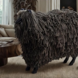 Luxury Reggae-Inspired Wooden Sheep with Curly Lambskin, Handcrafted Boho Home Decor Accent, Statement Piece for Mansion, Home and Office