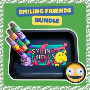 May include: A black rectangular rolling tray featuring a Smiling Friends graphic, three cylindrical lighters with cartoon character prints, and a round black grinder with a yellow smiling face graphic. The text reads SMILING FRIENDS BUNDLE.