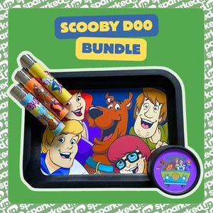 May include: A Scooby-Doo bundle featuring a rectangular black tray with a colourful graphic of the Mystery Inc. gang, three cylindrical lighters with character prints, and a round purple grinder displaying the Mystery Machine van on its lid.