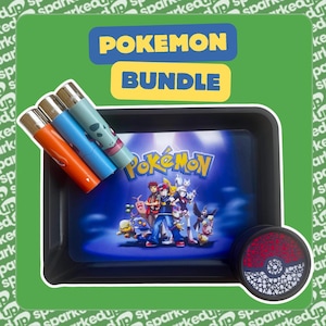 May include: A rectangular black tray featuring a colourful Pokemon graphic with various characters, three cylindrical lighters in orange, blue, and light green, and a circular grinder with a red and white patterned top displaying the text POKEMON BUNDLE.