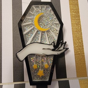 Acrylic Coffin Moon and Stars Brooch