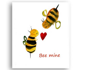 Custom card - Bee Mine- Zen Art Cards, from original zen painting, Valentine's day valentine, love, wedding, engagements - Free shipping