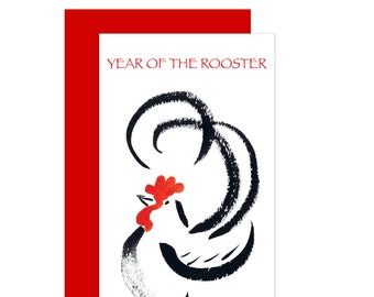 Rooster, Year of the Rooster card,  Custom Chinese lunar new year birthday card  w/ red envelope, from original sumi ink painting,  Losar