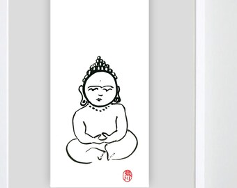 Baby Buddha, Custom Zenbrush Sumi-e Ink Painting, Original Zen Art, zen decor, taoist art, buddhist japan art, meditation art, childs room