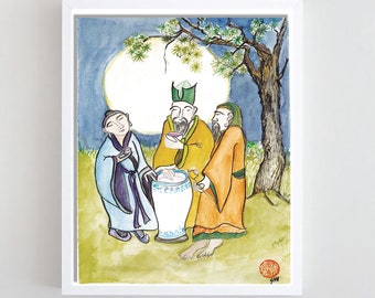 Three Vinegar Tasters: Buddha, Confucius, Lao Tzu, print of original painting, Tao of Pooh, zenbrush decor, Buddhist Taoist art