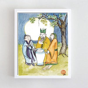 Three Vinegar Tasters: Buddha, Confucius, Lao Tzu, print of original painting, Tao of Pooh, zenbrush decor, Buddhist Taoist art