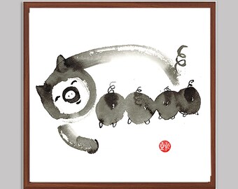 Pig, Chinese Lunar New Year of the Pig, Chinese Zodiac, Original Zen Brush sumi e Ink Painting, Japanese style, zen decor, Asian wall art