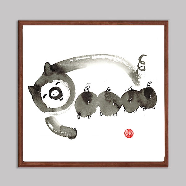 Pig, Chinese Lunar New Year of the Pig, Chinese Zodiac, Original Zen Brush sumi e Ink Painting, Japanese style, zen decor, Asian wall art