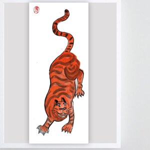 Oryginalna karta noworoczna TIGER, Rok Tygrysa na chiński Nowy Rok Księżycowy, zodiak, tusz sumi zenbrush, japoński wystrój zen, zwój