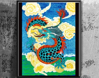 Dragon, Custom Asian Wall Art Painting, Buddhist Mythical Animal art, sacred art, childs room art, yoga art, tibetan thangka style painting