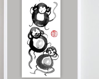 Three Wise Monkeys Painting, Speak no.Hear no.See no. Sumi Ink Painting for Chinese Lunar Zodiac, childs room, nursery