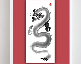 Dragon painting, Chinese Zodiac Year of the Dragon, 2024 Zen Art Sumi Ink Original Painting, zen meditation decor, yoga art, taoist scroll