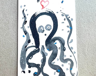 Octopus zen painting valentines card, love, creatures great and small