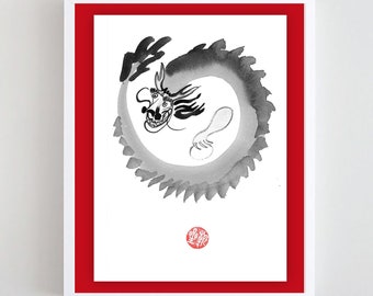 Dragon enso painting, Chinese Zodiac 2024 New Year of the Dragon, Zen Art Sumi e Ink Original Painting, zen decor, yoga art, taoist art