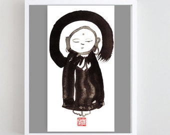 Jizo, Baby Buddha, Custom Zenbrush Sumi-e Ink Painting, Original Art, enso, zen decor, buddhist japanese art, taoist art