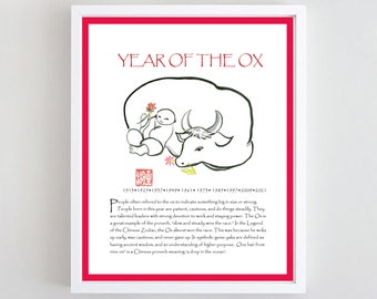 Year of the ox poster, Chinese Lunar New Year Zodiac Poster, Year of the OX wall art, print of zenbrush sumi ink, zen decor japan style