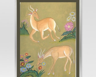 Deer in Deer Park, Mystical Animals, Custom Wall Art, sacred art, child's room art, yoga art, Tibetan thangka style painting, buddhist art