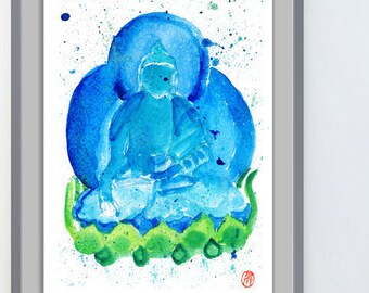 Buddha painting, Zenbrush  Buddha, Fine Art Watercolor Painting, zen decor, japan style, spiritual art, Buddhist art, yoga art, taoist art