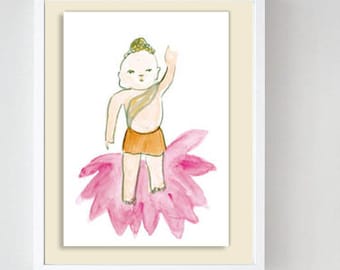 Baby Buddha, Jizo, Zen Art Sumi-e ink watercolor painting, japan tea ceremony, zen decor