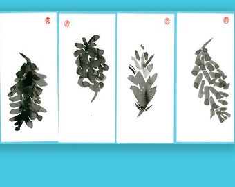 Pinturas originales de piñas, conjunto de 4 piñas rústicas de bosque, pintura con tinta sumi zen, decoración zen, ilustración japonesa, decoración boscosa