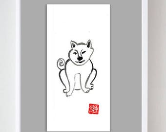 Dog Shibu Inu Dog card, Chinese New Year of the Dog, Original Zen Sumi-e ink art, japanese wall art, childs room art, scroll art, zen decor