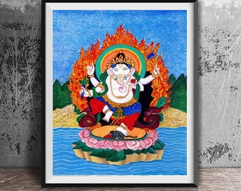 Ganesh Thangka Painting, Hindu God Buddha, Lord Ganesha Custom Wall Art, elephant god, childs room art, yoga art, Tibetan thangka  painting