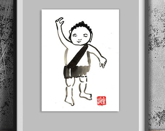 Baby Buddha, Jizo, Zen jizo Buddha, Original Zen Art Sumi e Ink Painting, zen decor, nursery childrens room art, japanese illustration, tao