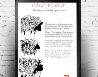 Three sheep, Lucky! Chinese Lunar New Year of the Sheep, Sheng Xiao, zen art print, zen decor poster nursery art, childs custom wall art